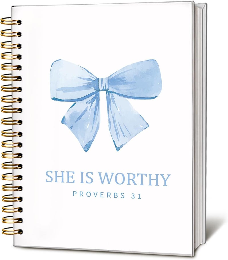 WLIANG Blue Coquette Bow Christian Notebook, She is Worthy Christian Journal for Women, Preppy Aesthetic Journal Notebook, Bible Notebook, She is Worthy Bible Hardcover Spiral Notebook 5.5x8.3 Inch - Image 1